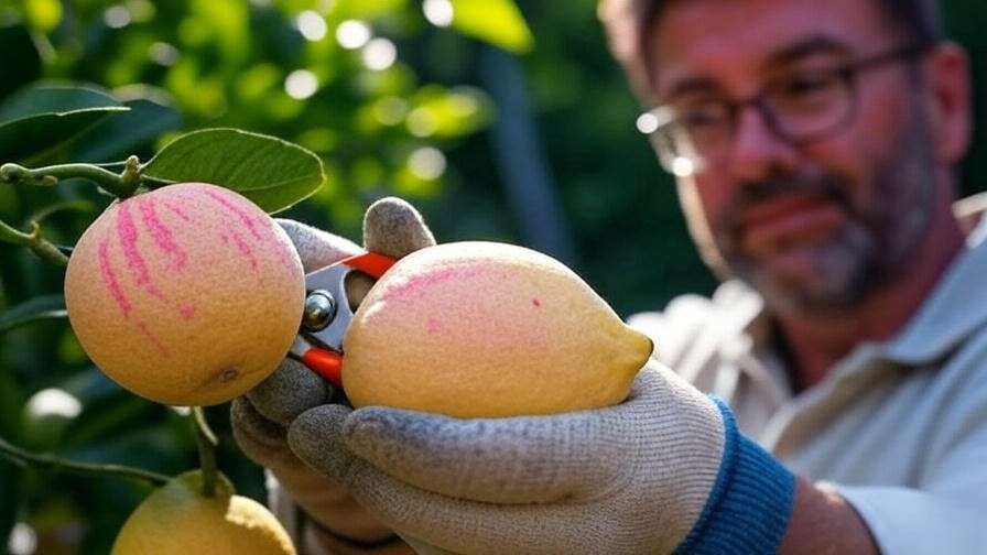 Harvesting pink lemon with pruning shears in garden with citrus trees.