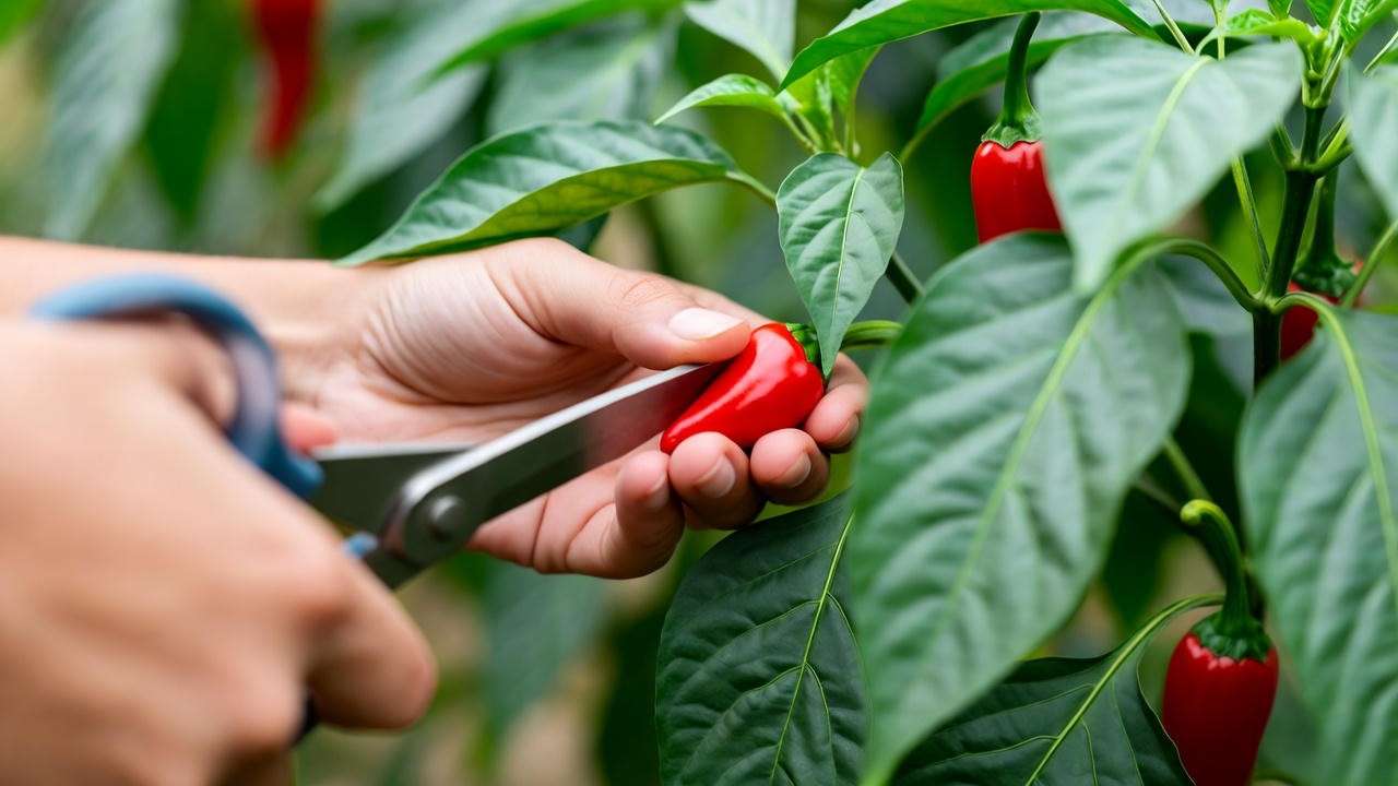 Hand harvesting ripe red Thai chilies from a healthy plant in a garden."