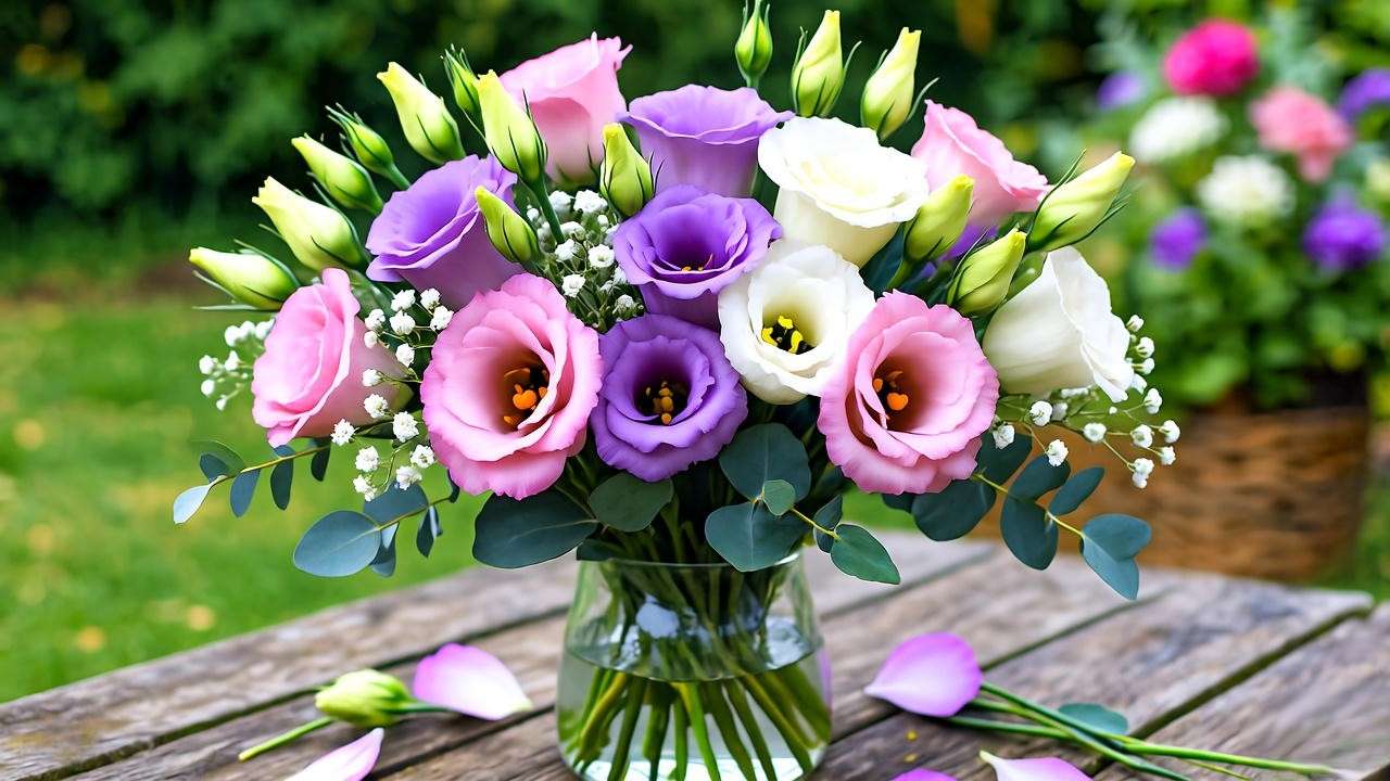 Freshly cut lisianthus flowers arranged with baby’s breath and eucalyptus in a vase."