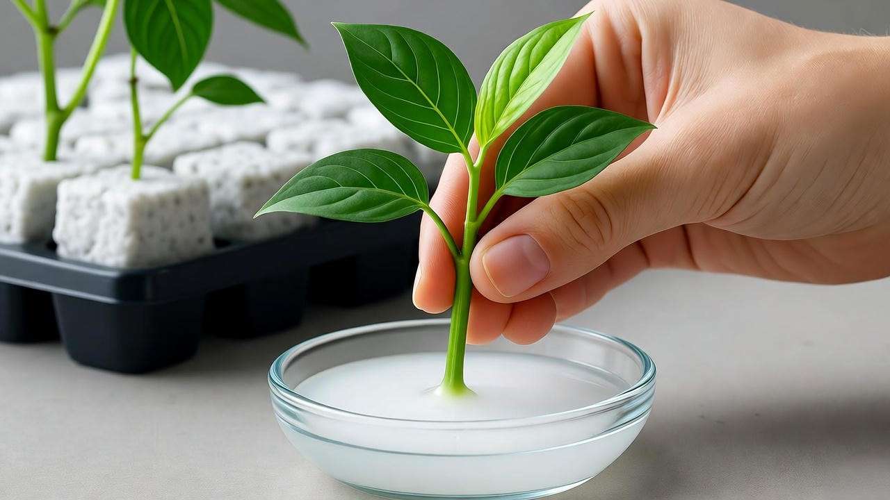 Dipping cutting in rooting hormone gel during cloning pot plants process