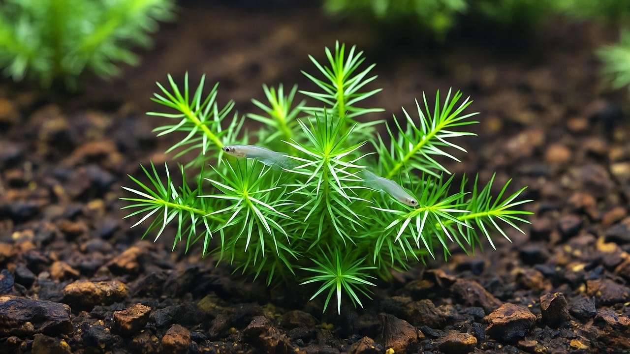 Hornwort floating with fry hiding in leaves over dark substrate