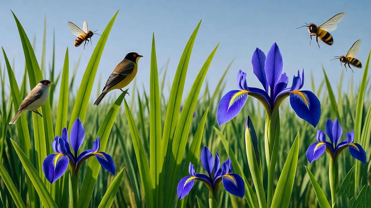 Wetland ecosystem with Blue Flag Iris and Sweetflag, birds, and bees under a clear sky."