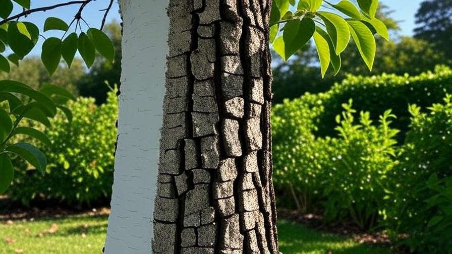 Cherry tree trunk with whitewash coating and cracked bark".
