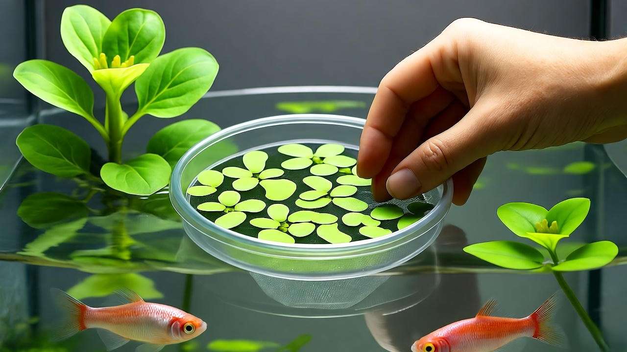 Aquarium maintenance with floating aquarium plants, showing Duckweed thinning and Water Lettuce in a containment ring.