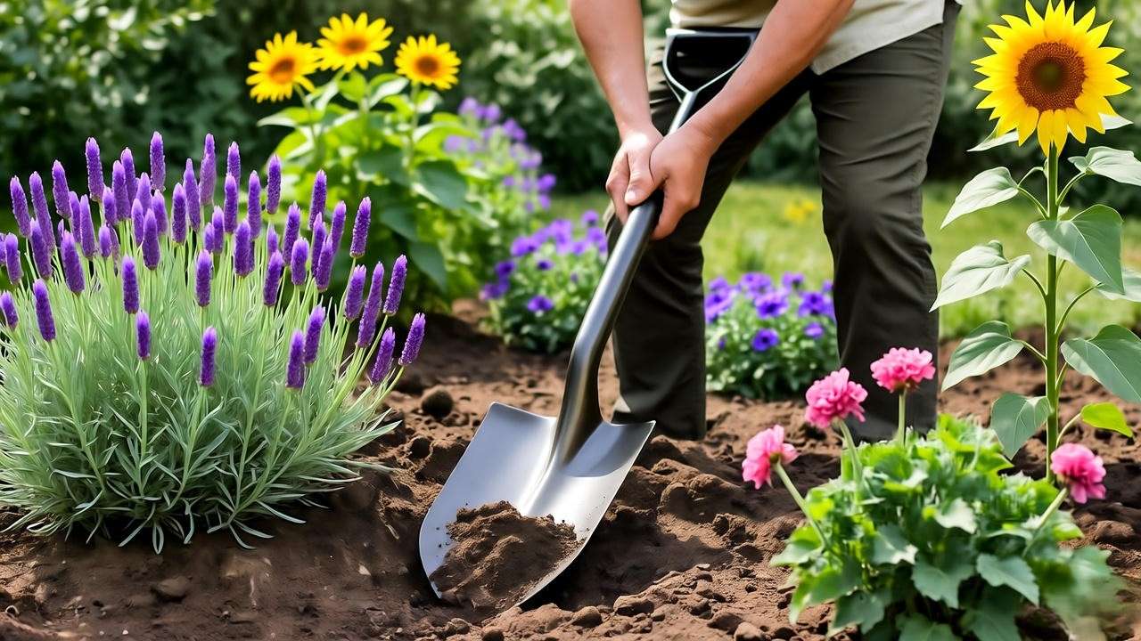 Gardener testing soil drainage with full sunshine plants like lavender and sunflowers."