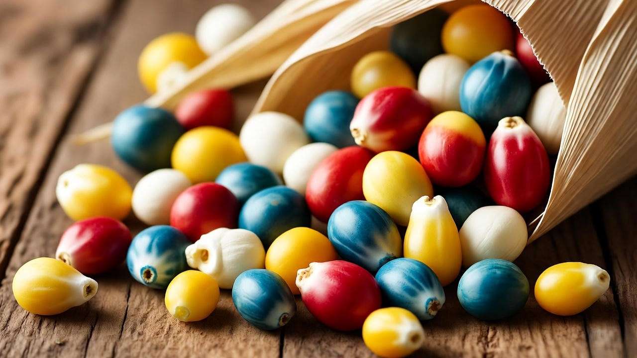 Close-up of colorful popcorn kernels red, blue, yellow, and white on a rustic wooden surface."