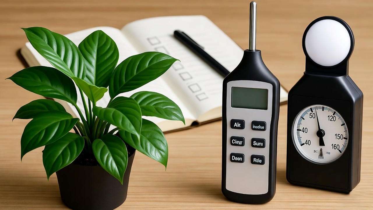 Diagnostic tools for plant shedding with moisture meter, light meter, and hygrometer."