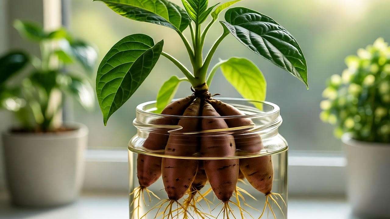 Close-up of sweet potato slips sprouting in water on a sunny windowsill".
