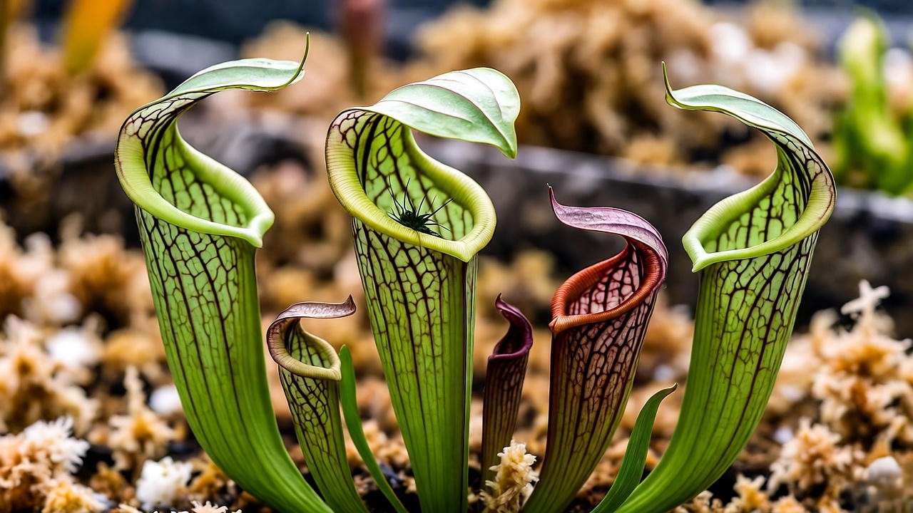 Close-up of a cobra lily plant trapping an insect in its pitcher-shaped leaves with sphagnum moss soil mix.