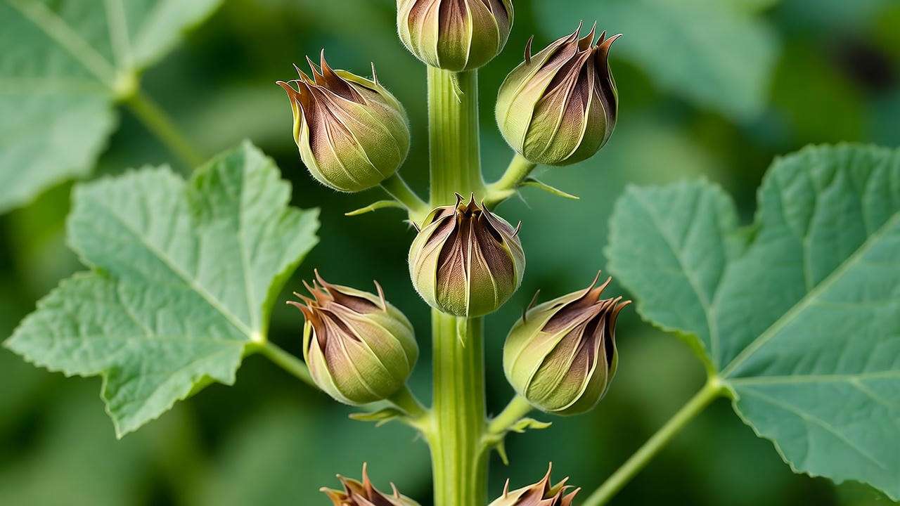 Close-up of mature hollyhock seed pods on plant ready for harvest".
