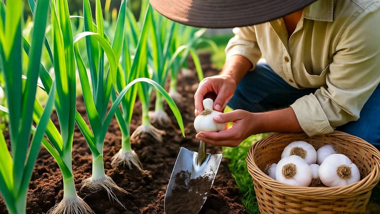 Gardener harvesting garlic bulb with trowel and basket of fresh garlic in a sunny garden".