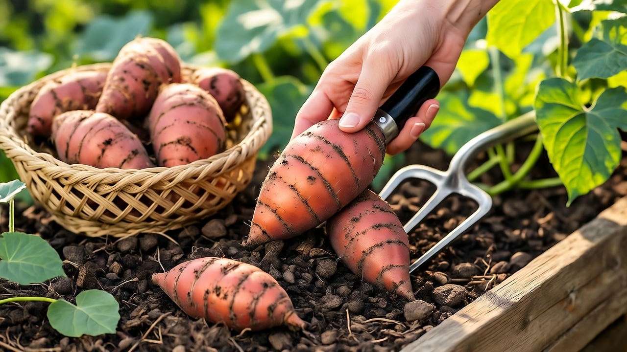 Gardener harvesting orange sweet potatoes with a garden fork from a raised bed, with a basket of tubers in a sunny garden.