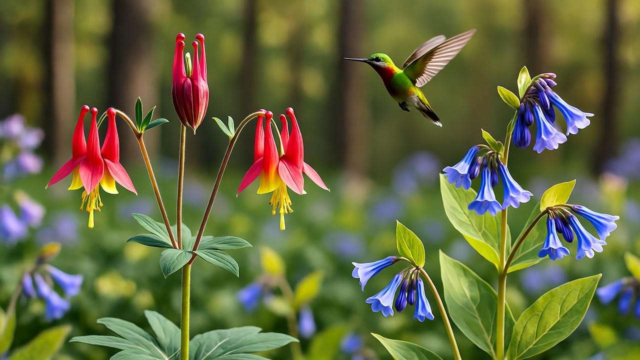 Serene woodland garden with Maryland native Eastern Red Columbine and Virginia Bluebells, hummingbirds hovering."