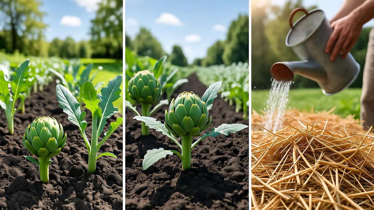 Step-by-step planting of artichoke seedlings with watering can and mulch in a sunny garden row.