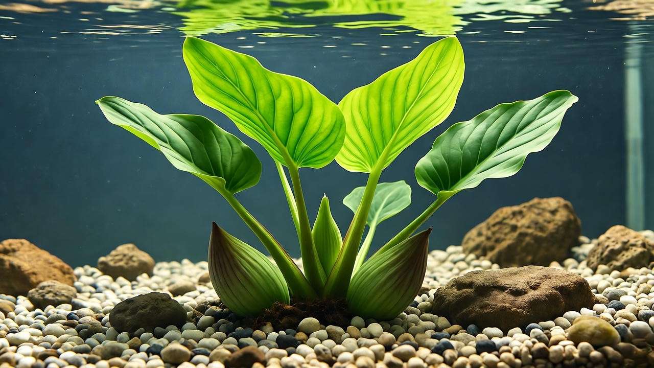 Close-up of a healthy banana plant with tubers in aquarium substrate"