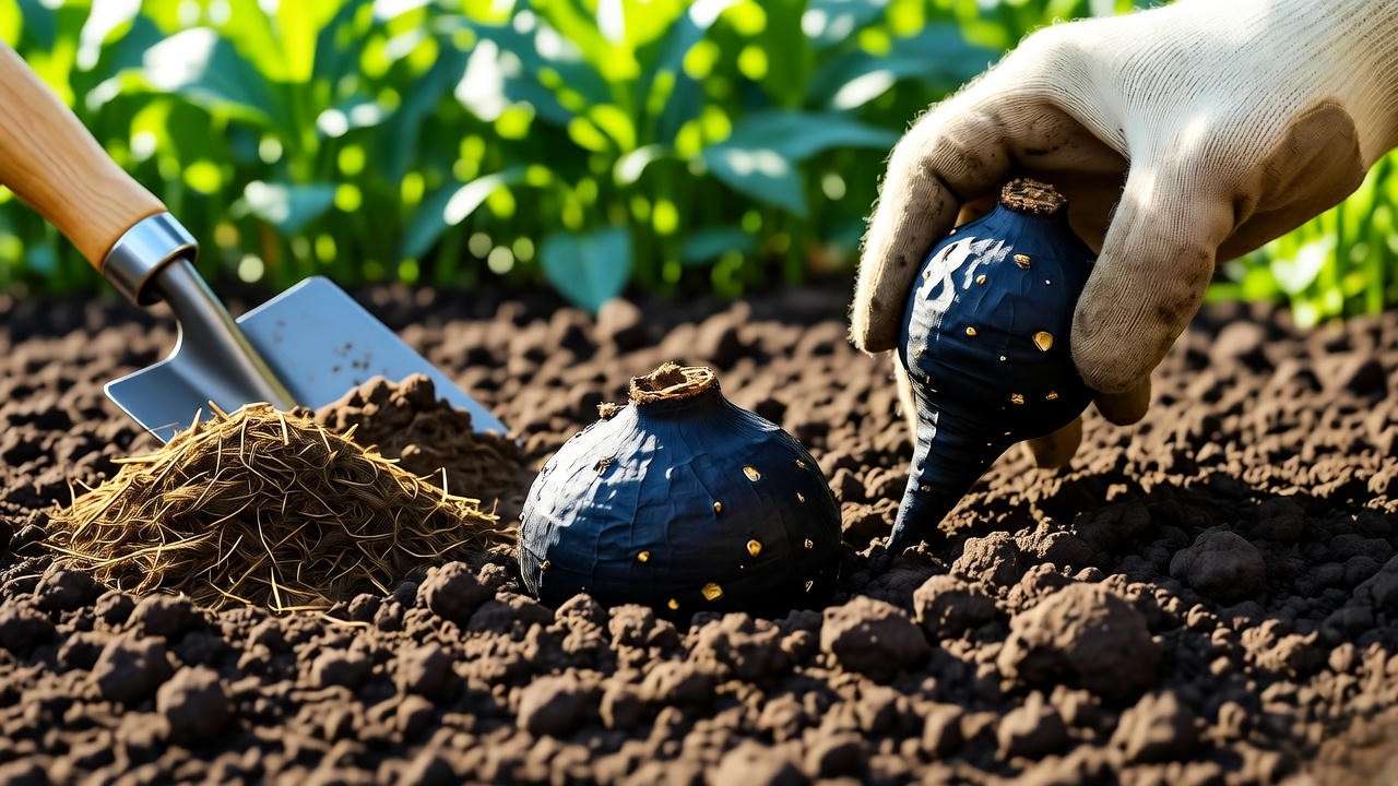 Close-up of black dahlia tubers planting with trowel and compost in sunny garden".