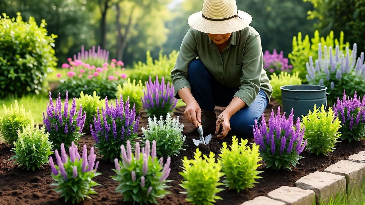 Gardener planting creeping myrtle in a garden bed with soil preparation and watering.