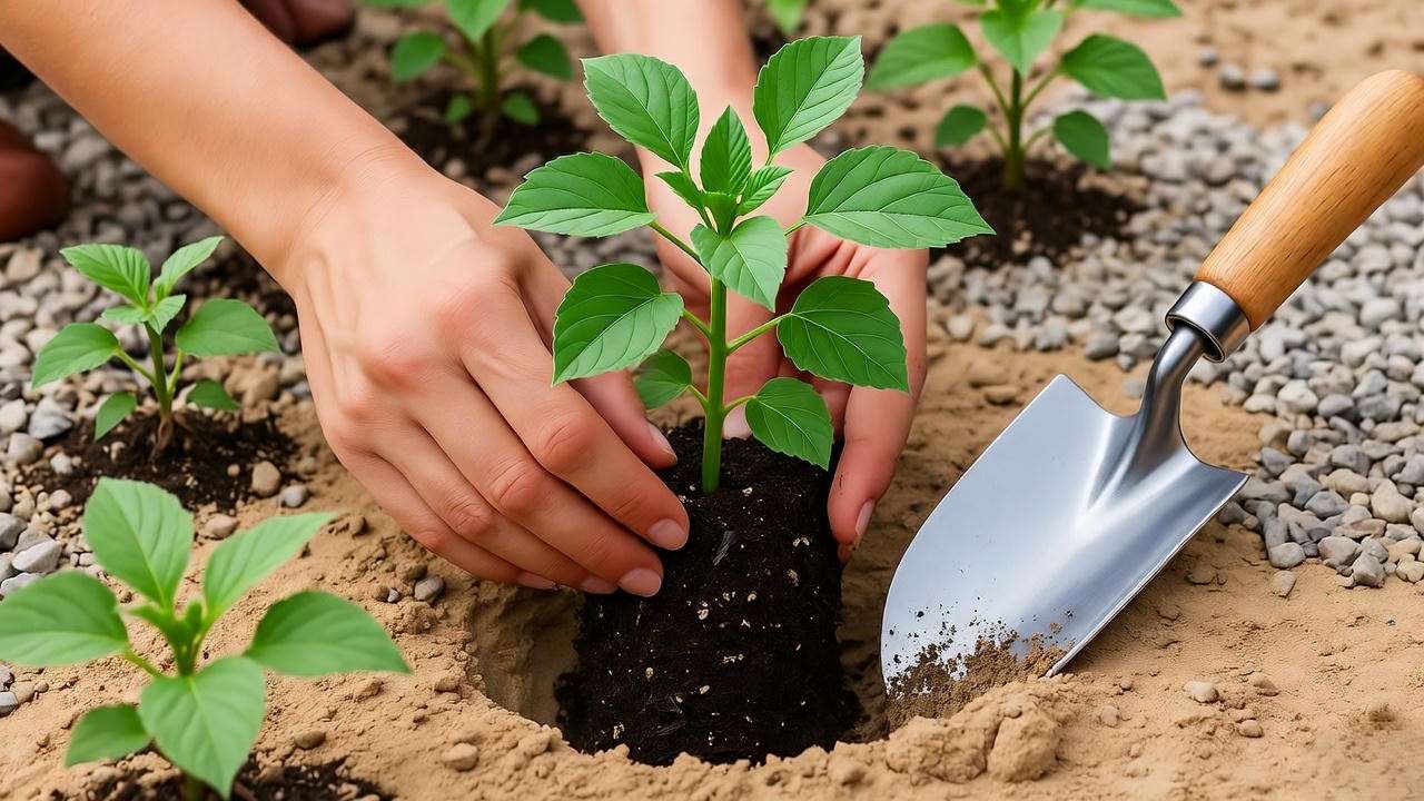 Hands planting a desert mallow seedling in sandy soil with gravel mulch in an arid garden."