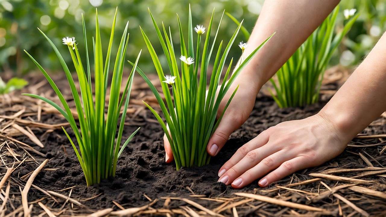 Gardener planting Liriope lilyturf plants with proper spacing and mulch in well-drained soil."