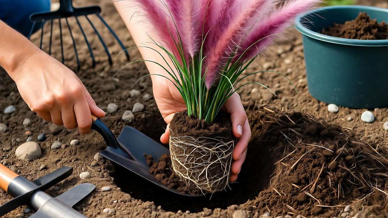 Step-by-step planting of pink pampas grass with gardener and tools in a garden."