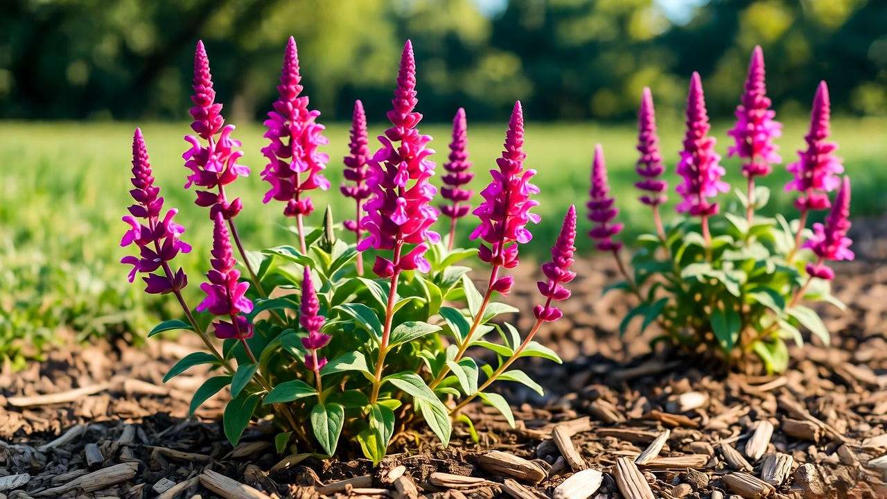Garden bed with pink salvias planted in mulched soil under sunlight."