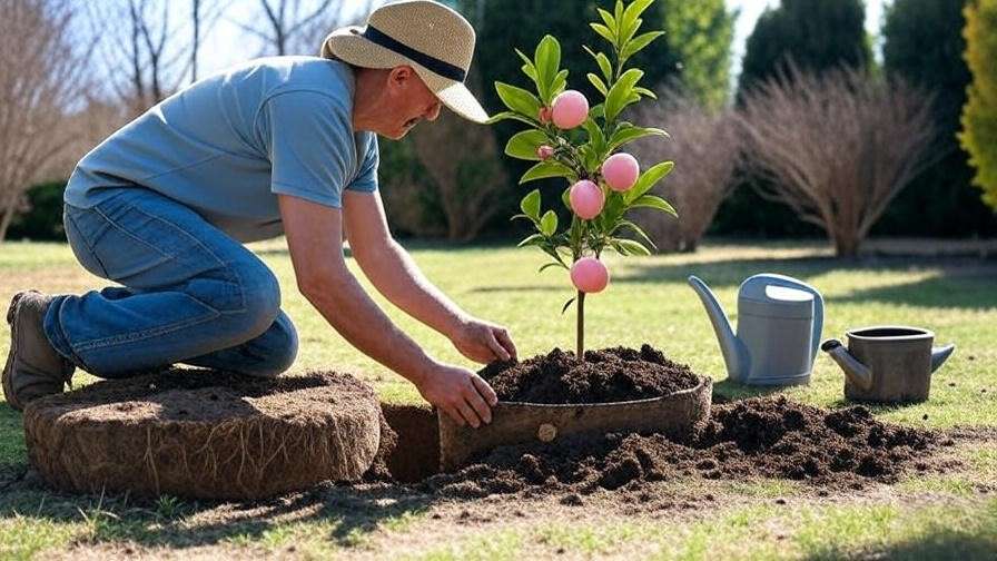 Gardener planting pink lemon tree in well-draining soil with compost in sunny garden."