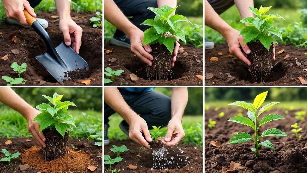 "Step-by-step process of planting a healthy cascara plant in a garden."