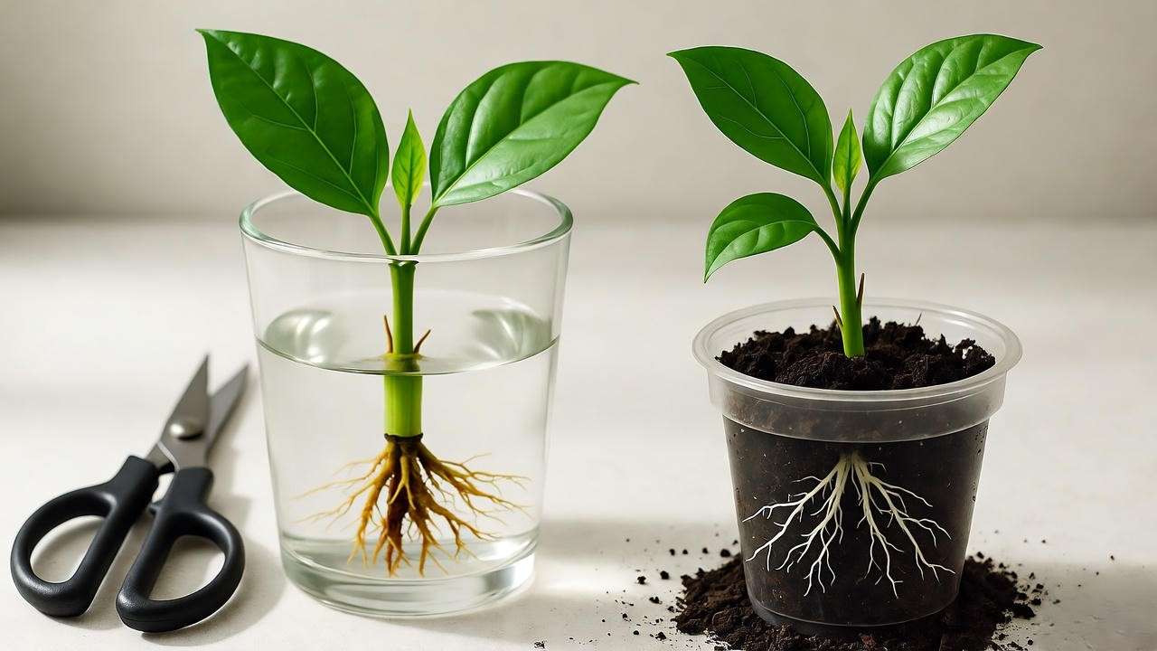Step-by-step propagation of a candy corn plant with stem cutting and rooted plant in soil."