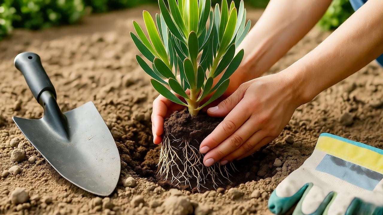 Gardener planting a leucadendron in sandy soil with gardening tools in a sunny garden."