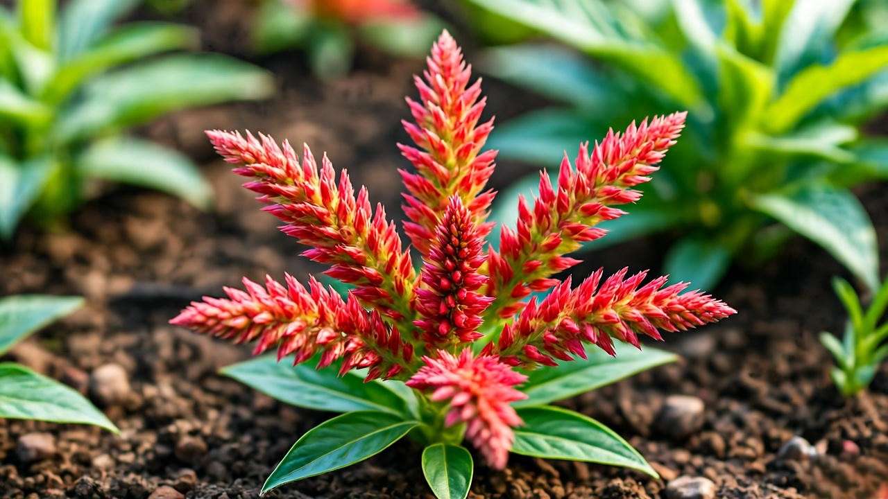Close-up of a thriving Dragon’s Breath plant with red blooms and green foliage in well-draining soil."