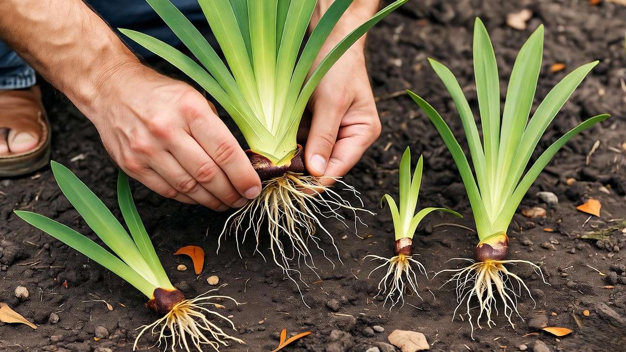 Gardener dividing flax lily clump and replanting new sections in a garden bed.