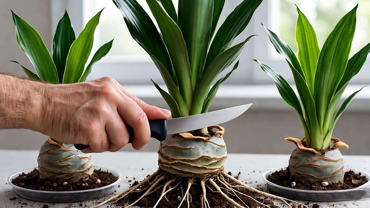 Step-by-step rhizome division of a Black Dragon Plant for propagation."