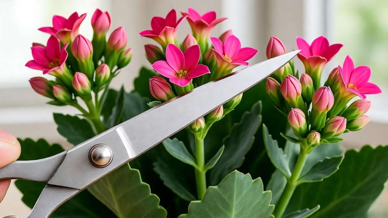 Pruning a Calandiva plant with clean scissors above a leaf node".
