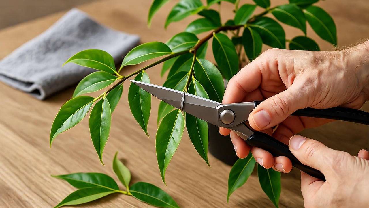Pruning a Weeping Fig with shears for ficus plant care pruning guide.
