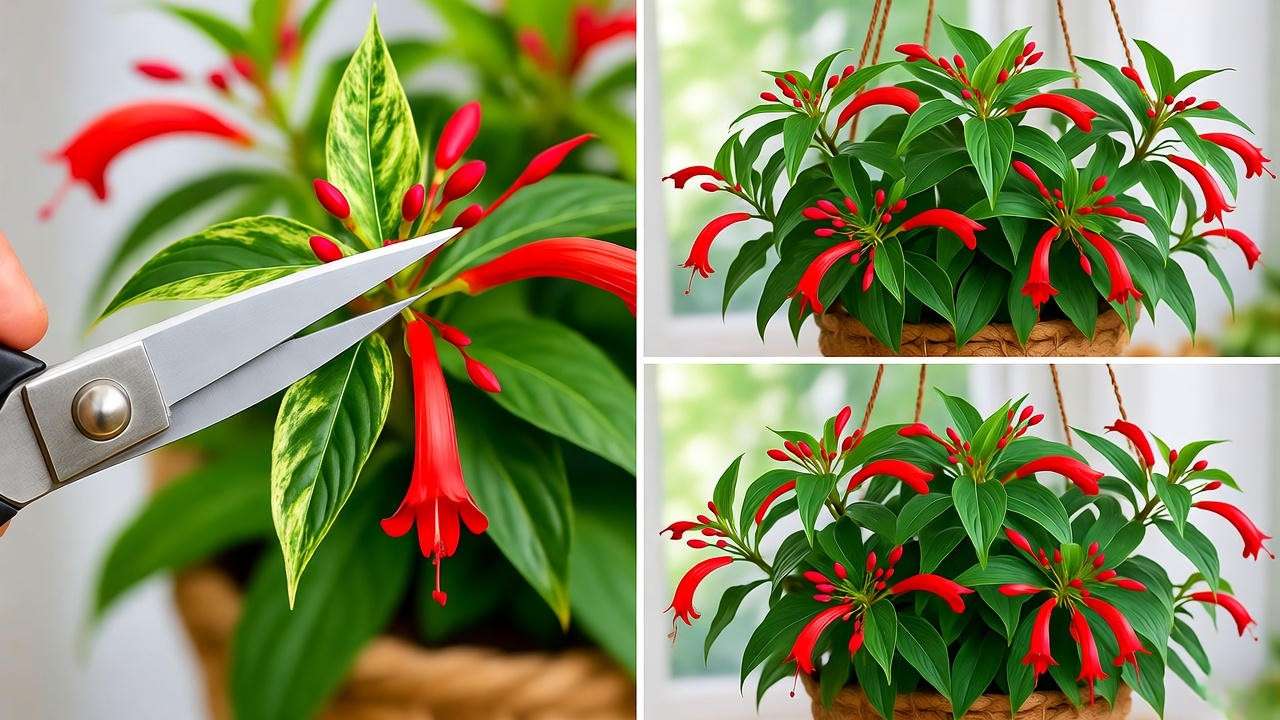Step-by-step pruning of black pagoda lipstick plant with clean scissors".