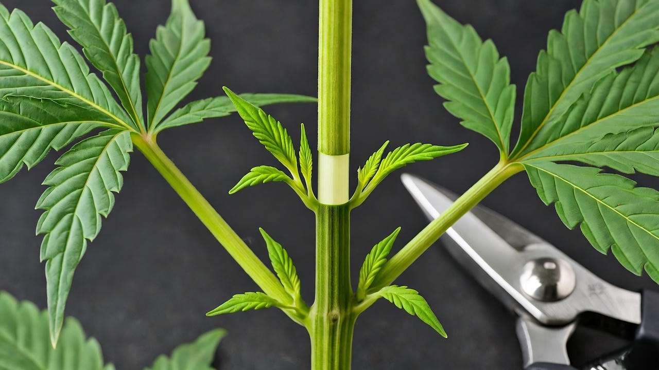 Close-up of a cannabis plant after topping with pruning shears, showing lateral growth"