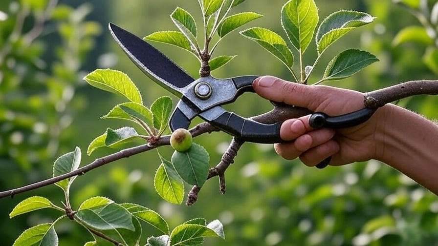 Close-up of pruning shears cutting an apple tree branch with a clean cut in a lush orchard".