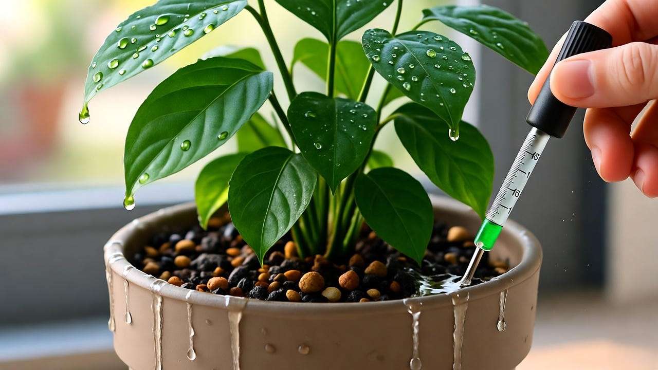 Hand watering shingle plant with moisture meter and drainage"