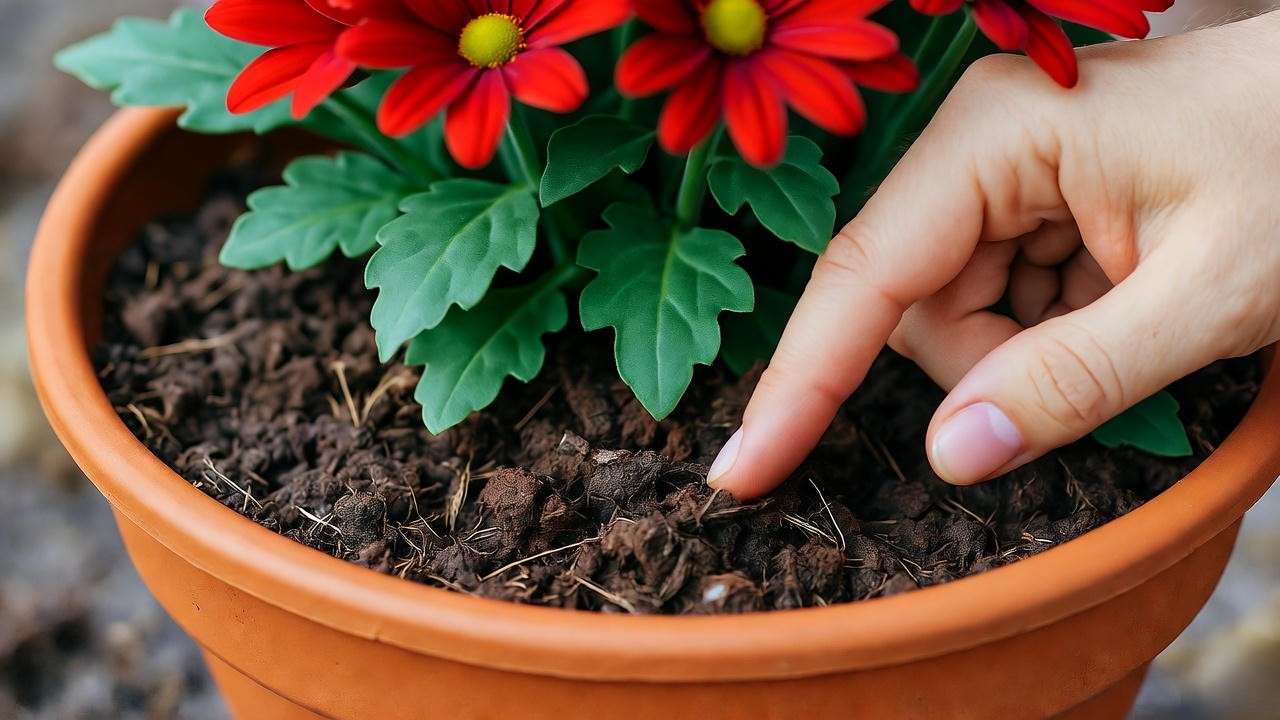 Hand performing a finger test to check soil moisture for a potted red mum plant