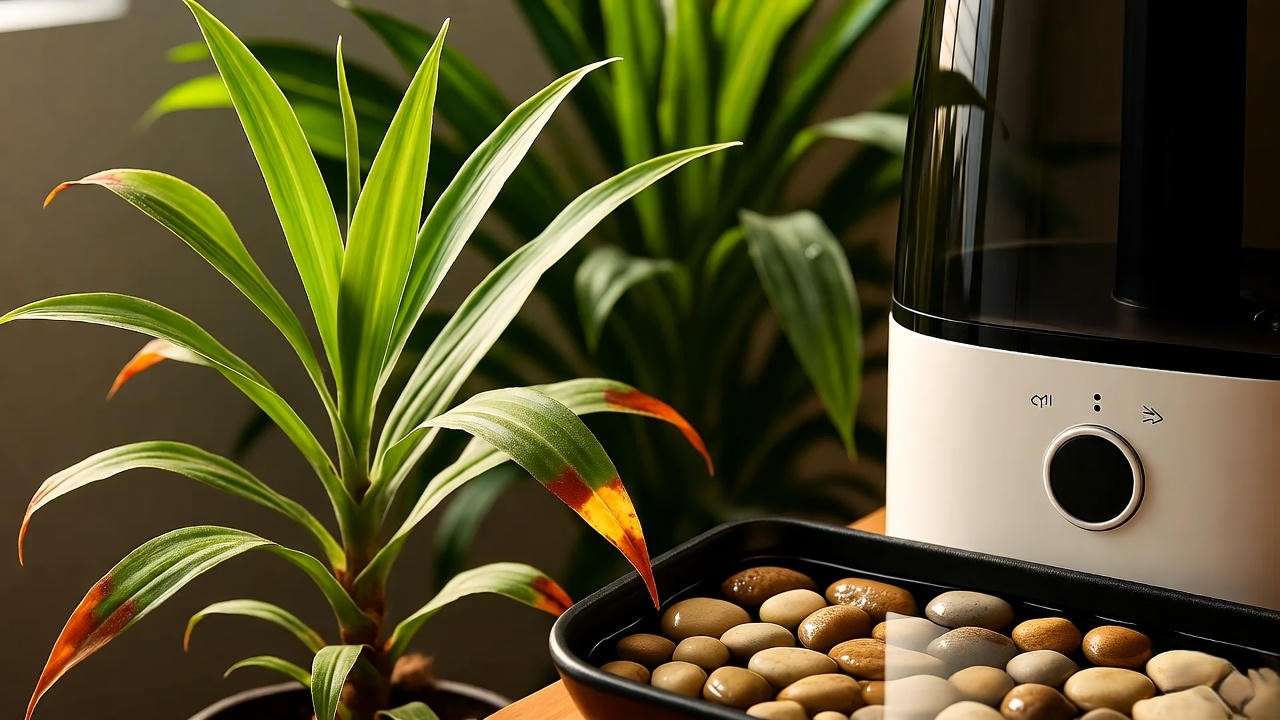 Tropical plant with browning tips next to humidifier and pebble tray."
