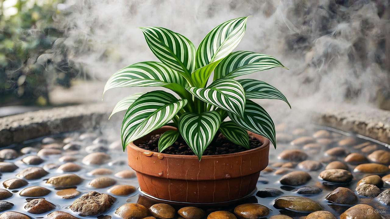 "Zebra plant on a pebble tray with mist in a humid indoor setting."