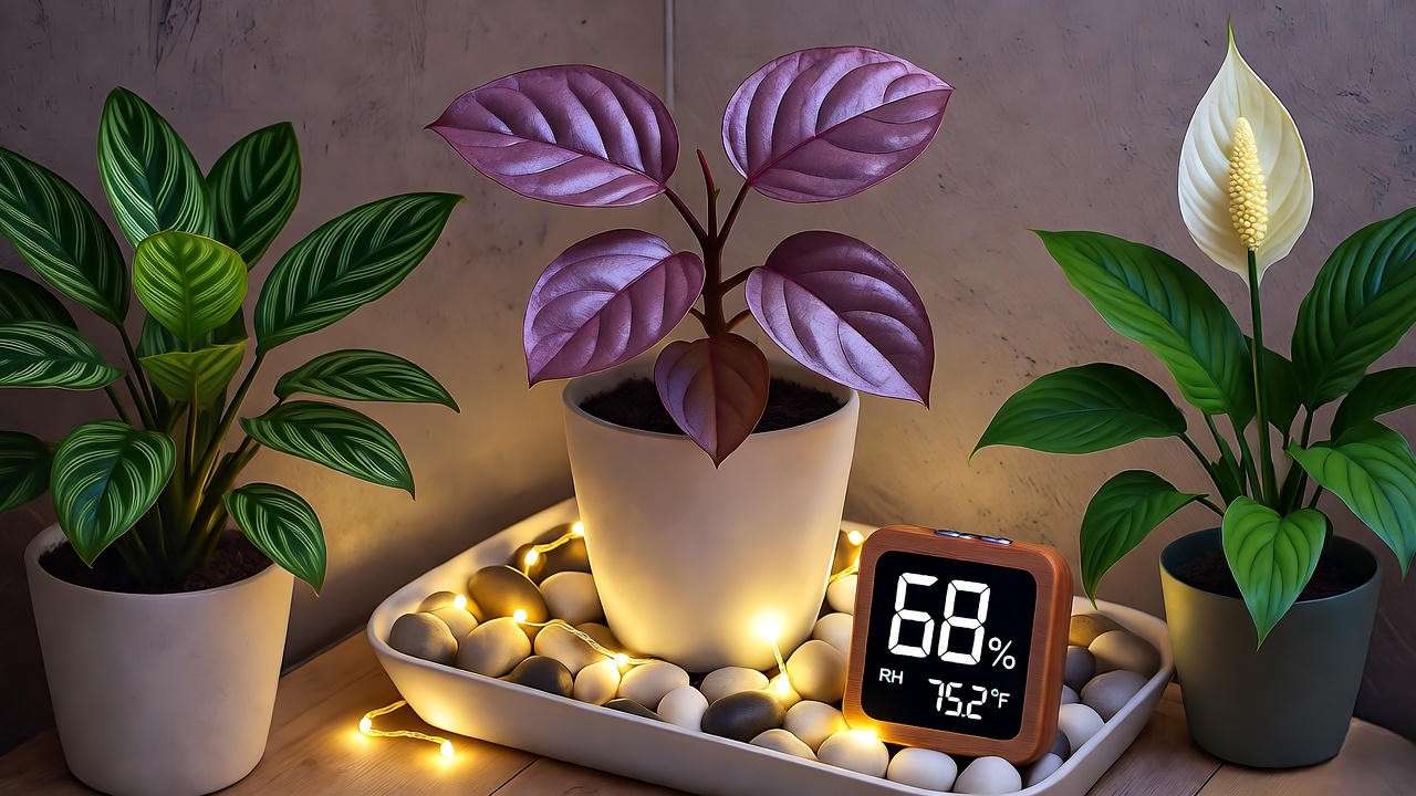 Bubble gum plant on pebble tray with fairy lights boosting humidity to 68%