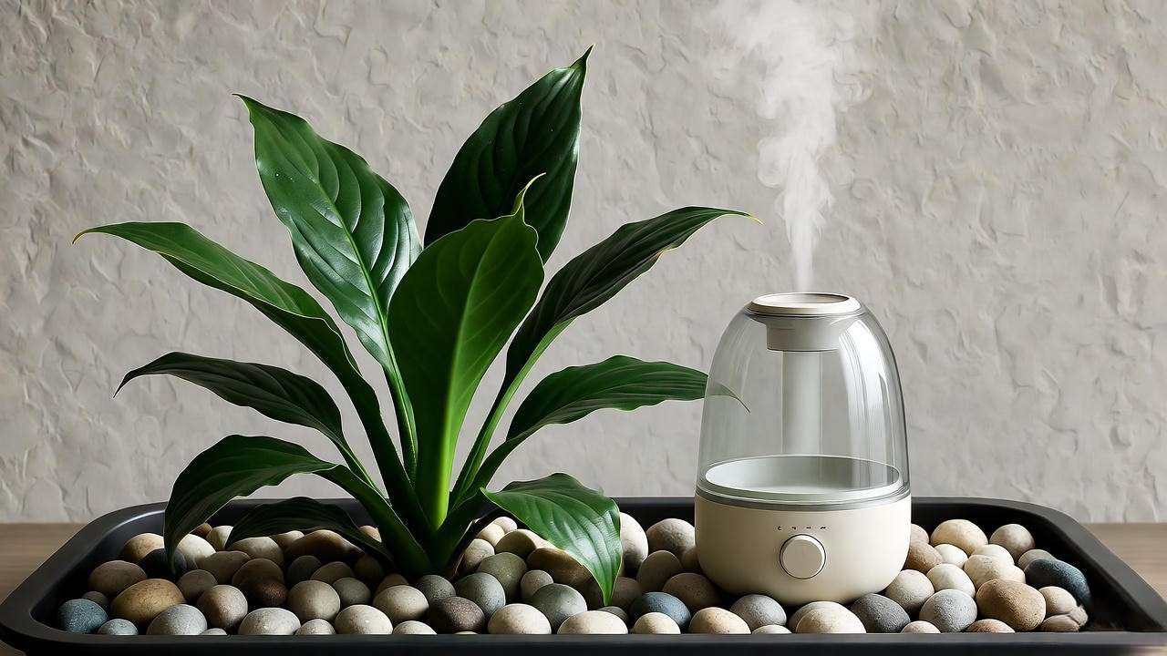 Black Dragon Plant on a pebble tray with humidifier for high humidity."
