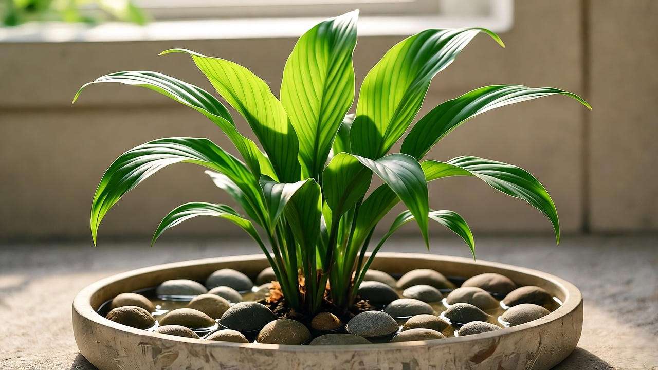 Ficus alii plant with a pebble tray for humidity in an indoor setting"