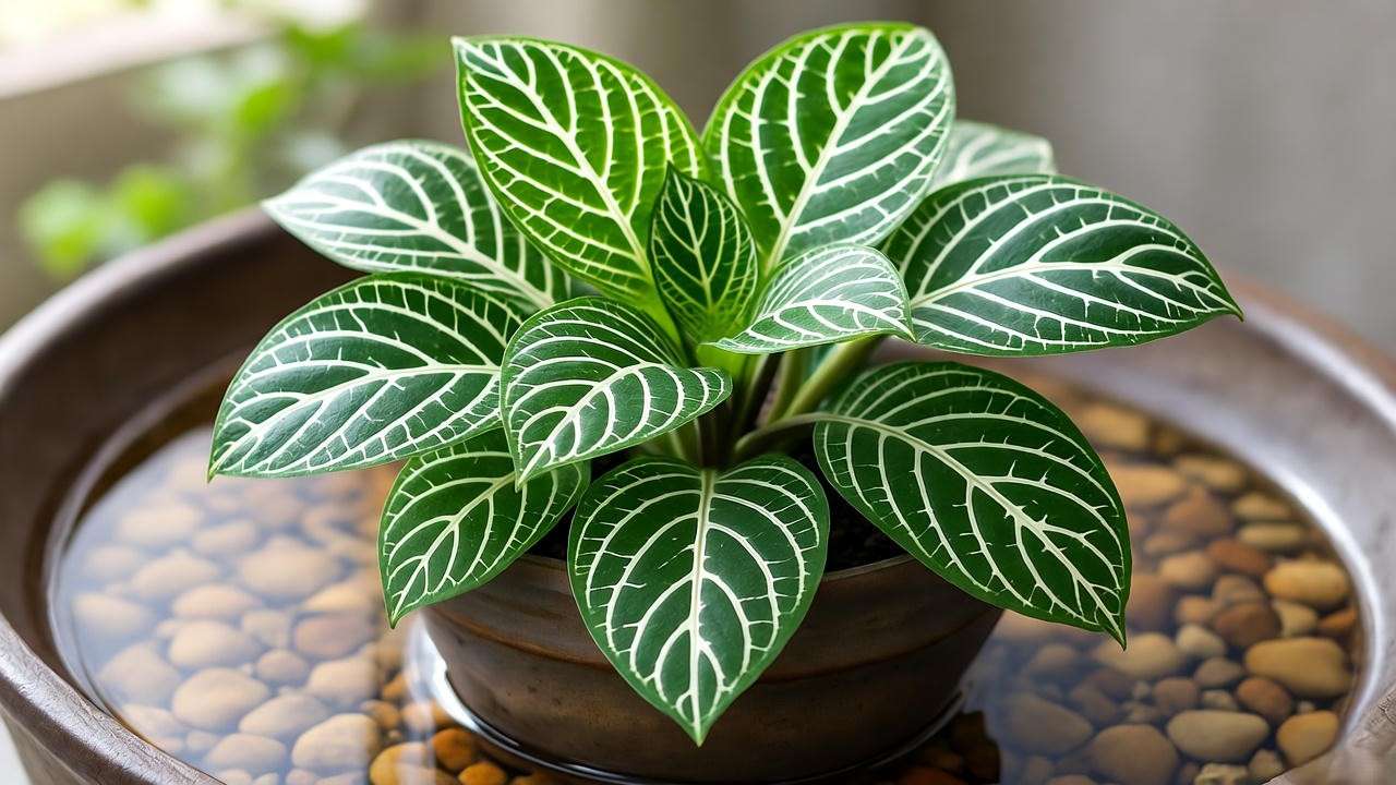 Thriving nerve plant with white veins in bright indirect light and pebble tray for humidity indoors".
