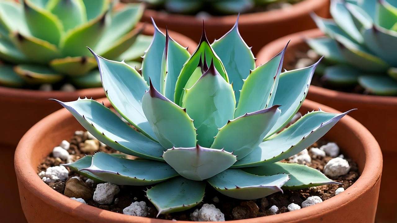 Close-up of an artichoke agave plant in a terracotta pot with well-draining cactus mix, ideal for succulent care.