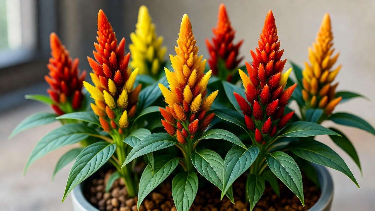 Close-up of a candy corn plant with vibrant orange, yellow, and red flowers in a pot with a pebble tray for humidity."