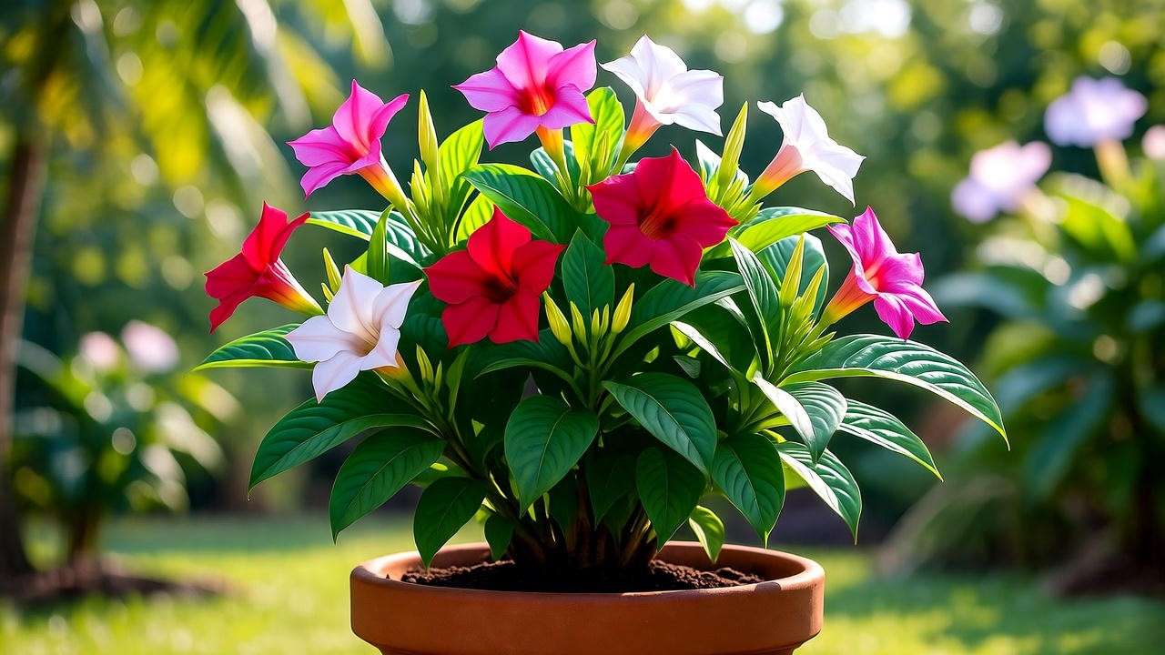 Close-up of a dipladenia plant with vibrant blooms in a well-draining pot in a sunny garden."