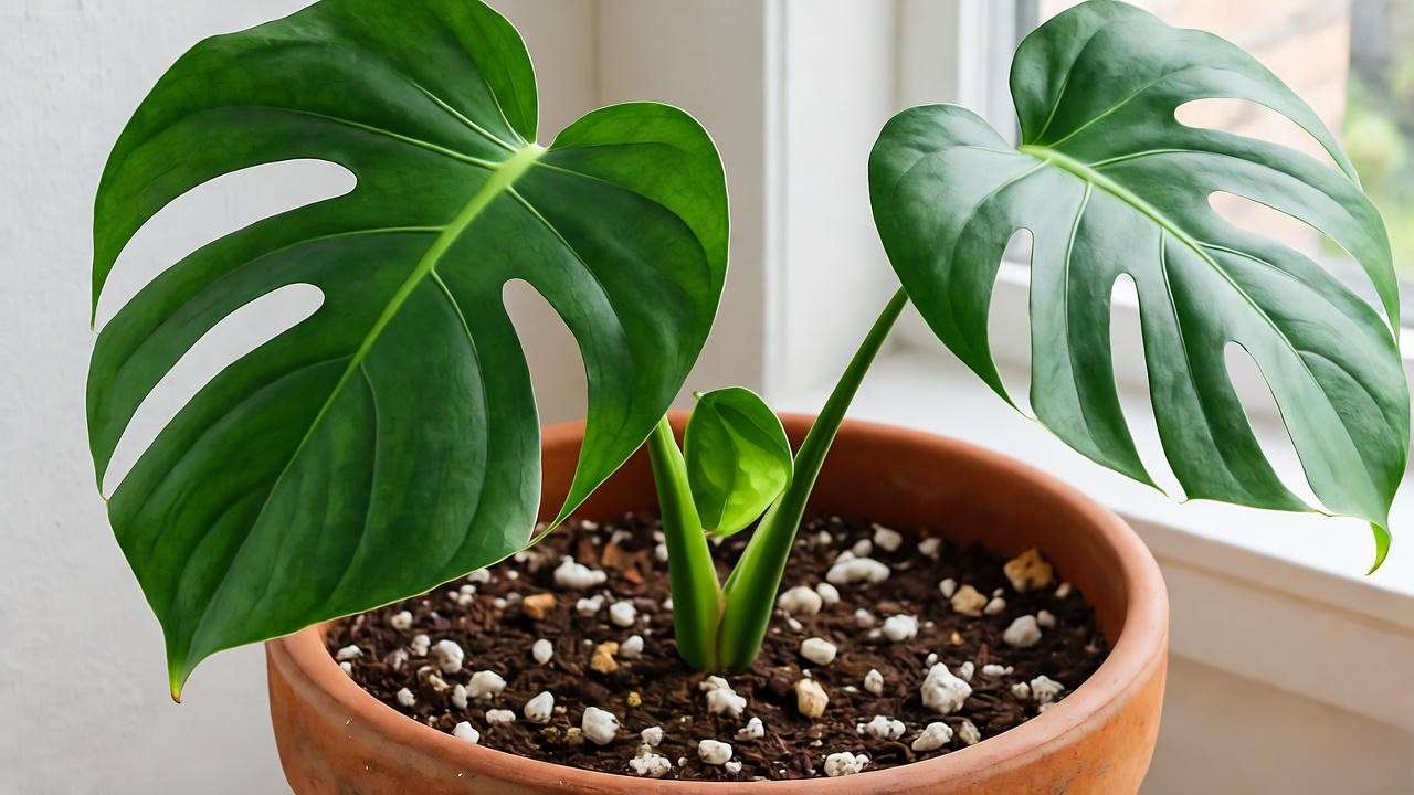 White monstera plant in a terracotta pot with well-draining soil under bright indirect light.