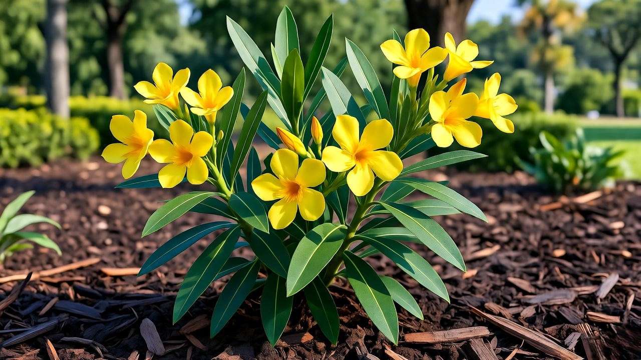 "Close-up of a yellow oleander plant with yellow flowers and glossy leaves in well-draining soil with mulch in a sunny garden"
